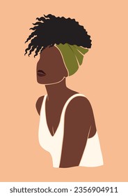 trendy abstract boho art, black african woman of color in a headscarf, romantic summer fashion girl portrait, isolated vector illustration, cottagecore poster