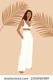 arte boho abstracto de moda, mujer curtida con traje de vacaciones blancas, bello retrato romántico de verano, ilustración vectorial aislada, afiche de moda 