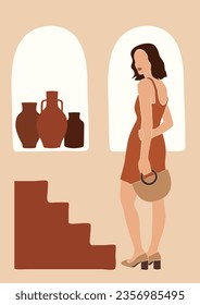 trendy abstract boho art, woman in vacation outfit near the pottery vases, beautiful romantic summer girl portrait, vector illustration, fashion poster 