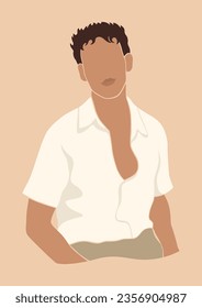 trendy abstract boho man in a white shirt, beautiful romantic summer guy portrait, isolated vector illustration, cottagecore style print