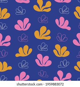 Trendy abstract botanical vector seamless pattern in yellow and pink on a blue background. Cute for paper, fabric, wall-coverings and other creative projects. 