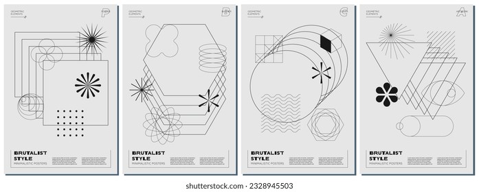 Afiche de moda sobre brutalismo abstracto conjunto con formas geométricas negras sobre fondo monocromo. Moderno estilo brutalista minimalista con figuras simples y elementos gráficos. Impresiones brutales de los vectores y2k