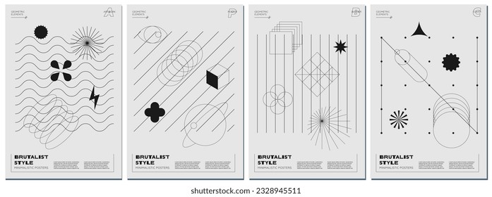 Trendy abstract brutalism poster set with black geometric shapes on monochrome background. Modern brutalist style minimal prints design with simple graphic elements. Brutal y2k print vector templates