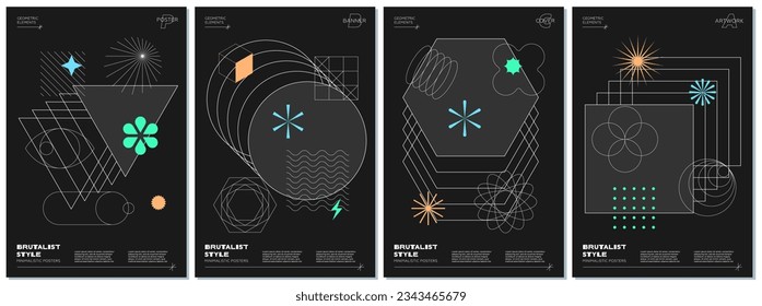 Trendy abstract brutalism poster set with different geometric shapes on black background. Modern brutalist style minimal prints with simple figures and graphic elements. Brutal y2k vector eps prints