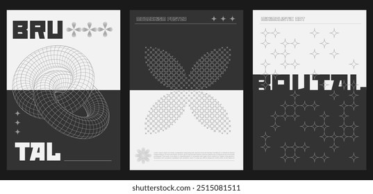 Trendy abstract brutalist poster set with black linear geometric shapes on monochrome background. Modern brutal style minimal prints design with 3d and flat grid graphic elements. y2k print vector