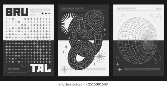 Trendy abstract brutalist posters set with black geometric grid shapes on monochrome background. Modern brutalism style minimal prints design with flat and 3d graphic elements. Brutal y2k print vector