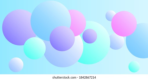 Trendy abstract business card with gradients of balls shapes on background.  Multicolored balls for design 3D illustration.  Magazine style. Vector clip art.