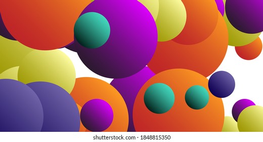 Trendy abstract business card with gradients of balls shapes on background.  Multicolored balls for design 3D illustration.  Magazine style. Vector clip art.