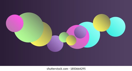 Trendy abstract business card with gradients of balls shapes on background.  Multicolored balls for design 3D illustration.  Magazine style. Vector clip art.
