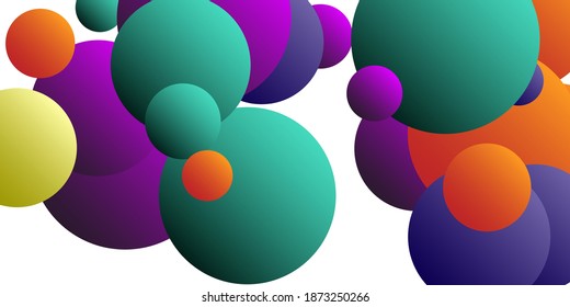 Trendy abstract business card with gradients of balls shapes on background.  Multicolored balls for design 3D illustration.  Magazine style. Vector clip art.