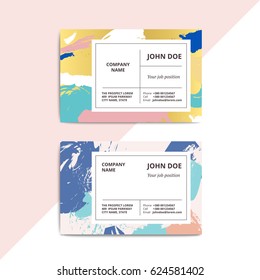 Trendy abstract business card templates. Modern luxury beauty salon or cosmetic shop layout with artistic brush stroke pattern. Vector fashion luxury background design with information sample text. 