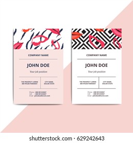 Trendy abstract business card templates. Modern luxury beauty salon or cosmetic shop layout with artistic lips pattern. Vector fashion glamour background design with data sample text. 