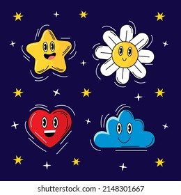 Trendy abstract cartoon. Bright comic heart, star, apple and pencil mascots with funny faces vector set. Running, jumping and walking characters with happy, cheerful facial expressions