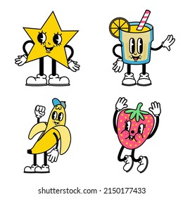 Trendy abstract cartoon character strawberry and banana. Characters trendy graphic, sticker comic brigh, vector illustration