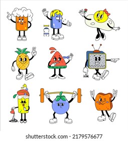 Trendy abstract cartoon characters. Funny cute comic beer, ice-cream, egg, pineapple, watermelon, toast mascots with funny faces vector set. Walking fruit with happy, cheerful facial expressions.