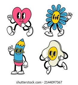 Trendy Abstract Cartoon. Comic Heart, Flower, Pencil And Egg With Cheerful Facial Expression, Arms And Legs. Funny Walking And Standing Characters With Smiley Faces Isolated Vector Set