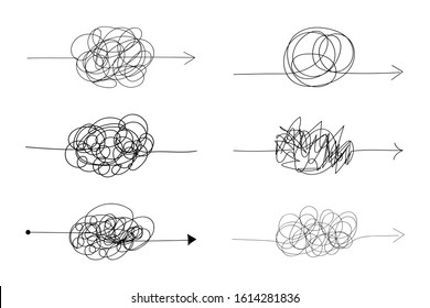 Trendy abstract chaotic insane knot arrow line. Vector doodle difficult clew way illustration, hand drawing sketch concept, tangled scribble design illustration