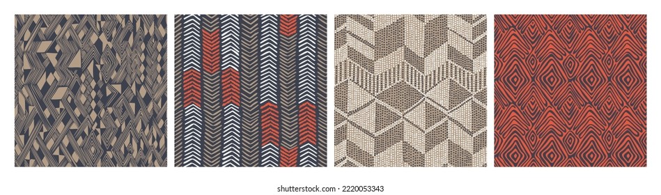 Fondo de chevron abstracto de moda con líneas de zag zig. Patrones geométricos sin inconvenientes con diamantes, triángulos y rectángulos. Conjunto de adornos folclóricos étnicos de mosaicos. Funky parloteo de hipster en la red.