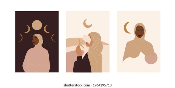 Trendy abstract collection with modern muslim posters for decorative design. Beauty hijab woman. Vector illustration on white background.