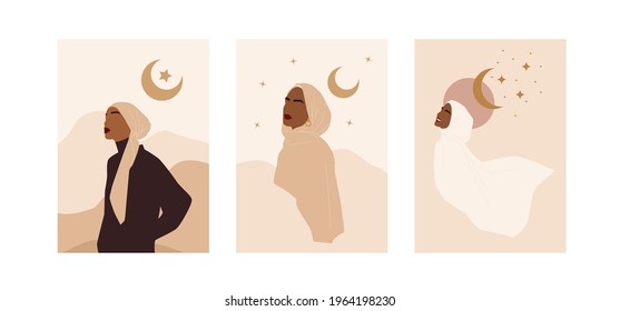 Trendy abstract collection with modern muslim posters for decorative design. Beauty hijab woman. Vector illustration on white background.