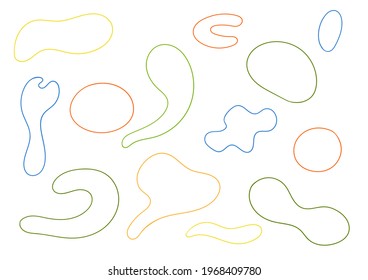 Trendy abstract color objects. Yellow, blue, green and red line figures. Vector set illustration for posters, postcards. 