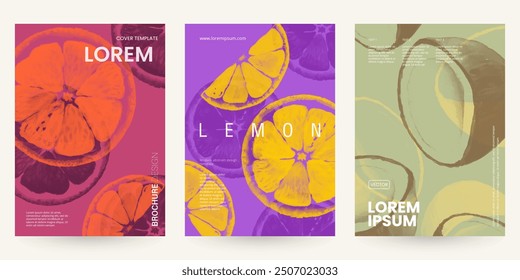 Trendy abstract colorful fruit posters. Lemon, grapefruit, orange, coconut. Vector illustration