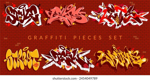 Trendy Abstract Colorful Urban Graffiti Pieces Or Street Art Lettering Vector Illustration Set