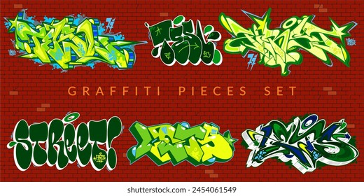 Trendy Abstract Colorful Urban Graffiti Pieces Or Street Art Lettering Vector Illustration Set