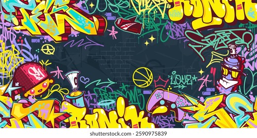 Trendy Abstract Colorful Urban Street Art Graffiti Style Vector Illustration Background Template