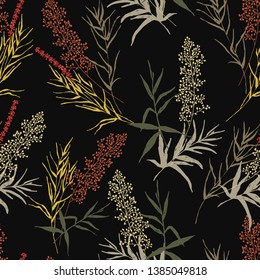 Trendy abstract colorful vector texture. Botanical sketch drawing seamless pattern. Branches with flowers, leaves scattered random. Fashion print, fabric, design. Hand drawn leaf on black background