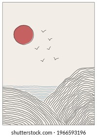 Trendy abstract contemporary collage. Vector landscape with mountains, sea and red sun. 
