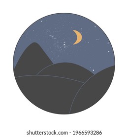 Trendy abstract contemporary collage. Vector landscape with mountains and moon in circle frame. 