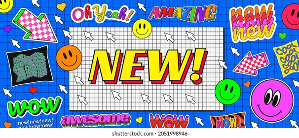 Trendy Abstract Cool Background with Stickers 90s Design. New Collection Arrival Cool Banner. Comic Illustration.