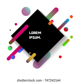 Trendy abstract cover with black square and liquid colorful shapes around