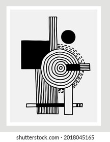 Composición artística artística creativa a la moda, abstracta y moderna, ideal para la decoración de paredes, como diseño postal o de folleto, ilustración vectorial. Composición de líneas, formas y puntos
