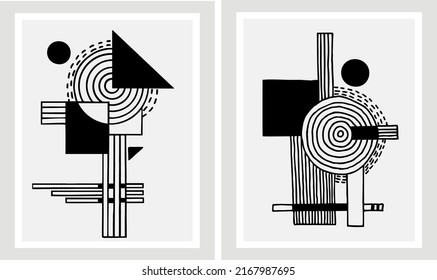 Trendy abstract creative artistic hand drawn composition ideal for wall decoration, as postcard or brochure design, vector illustration. Composition of lines, shapes and spots