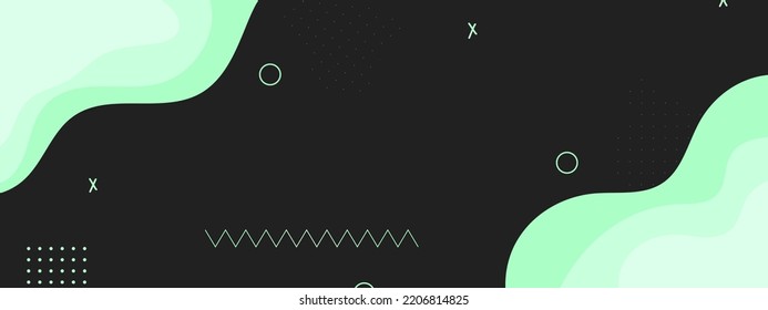 Trendy abstract dark background with geometric bright green shapes. Modern fluid backdrop with gradient waves and different figures.. Cool background design for posters, streamer screensaver, online