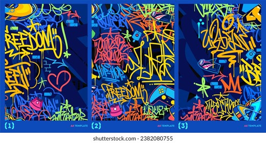 Trendy Abstract Dark Blue Graffiti Style A4 Poster Vector Illustration Art Template Background