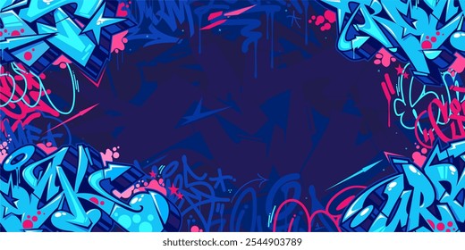 Trendy Abstract Dark Blue Urban Street Art Graffiti Style Vector Illustration Background Template