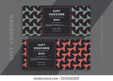 Trendy abstract dark gift card templates. Elegant discount coupon or certificate mockup with artistic geometric pattern. Clean and simple vector editable background with sample text. EPS10