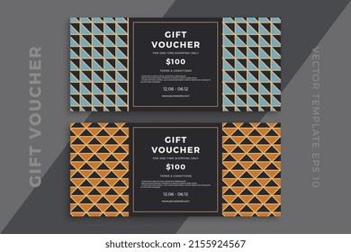 Trendy abstract dark gift card templates. Modern discount coupon or certificate mockup with artistic geometric pattern. Clean and simple vector editable background with sample text. EPS10
