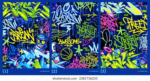 Trendy Abstrakter dunkler Graffiti-Stil A4 Poster-Vektorgrafik Kunstvorlage Hintergrund