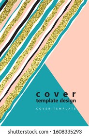 Trendy abstract design colored and gold stripes and triangles on a white background. Business template for print products. Vector illustration