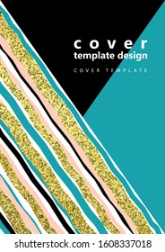 Trendy abstract design colored and gold stripes and triangles on a white background. Business template for print products. Vector illustration