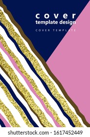 Trendy abstract design colored and gold stripes and triangles on a white background. Business template for print products. Vector illustration