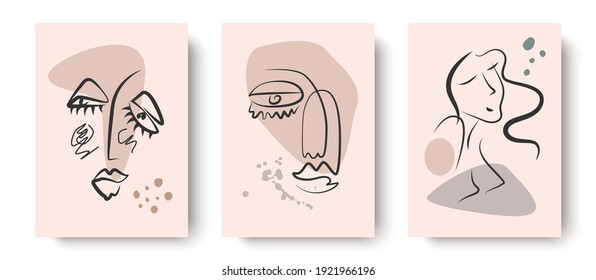 Trendy abstract designer greeting cards with faces in pastel colors.Applicable for the design of offices,home spaces, banners, postcards.invitations.