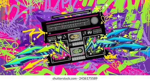 Trendy Abstract Detailed Ghetto Blaster Urban Style Hiphop Graffiti Street Art Vector Template