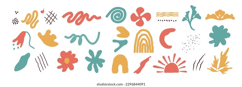 Trendy abstract elements. Flower, line, dot, leaf, rainbow, circle. Simple forms. Hand drawn doodle isolated on white background. For print, postcard, banner, paper. Set, collection of colored icons. 