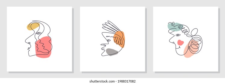 Trendy abstract faces set. Funny caricatures. Side view in profile. Contemporary minimal lineart vector design 