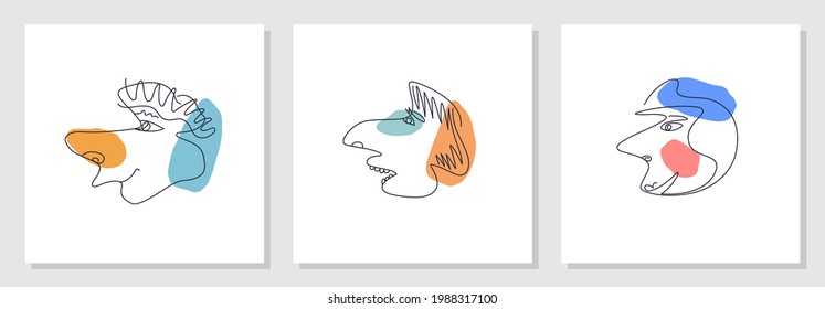 Trendy abstract faces set. Funny caricatures. Side view in profile. Contemporary minimal lineart vector design 